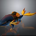 Vibrant Fantasy Fish Creature Featuring Blue Purple Body Orange Flame Tail And Saddle