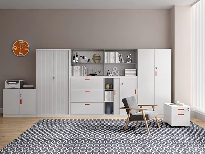 Modern White Bookcase With Drawers And Cabinets Featuring Gray Chair Geometric Rug And Orange Clock 3d model