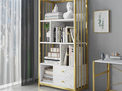 Modern Multi Layer Bookshelf With Golden Frame Marble Drawer Books And Decorations 3d model