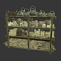 Traditional Wooden Storage Rack With Vintage Kettles Pots Jars And Firewood
