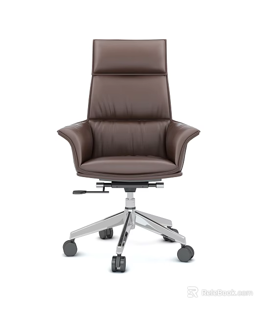 Brown Leather Office Chair With High Back Curved Armrests And Metal Base Wheels 3d model 
