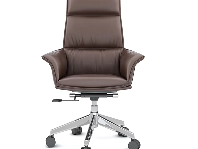 Brown Leather Office Chair With High Back Curved Armrests And Metal Base Wheels 3d model
