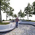 Curved Landscape Seating Design In Outdoor Garden With Trees And Paved Area
