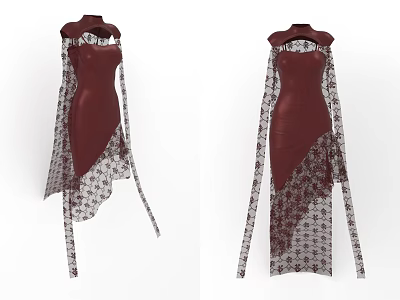 Elegant Burgundy Asymmetric Dress With Long Lace Sleeves And Patterned Details 3d model