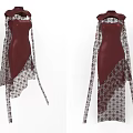 Elegant Burgundy Asymmetric Dress With Long Lace Sleeves And Patterned Details