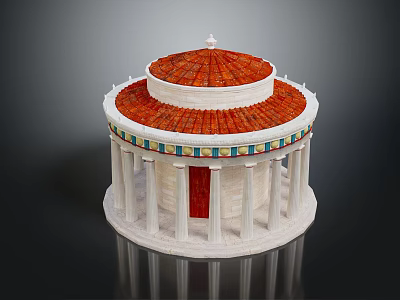 Classical Dome Architectural Model With Red Roof White Columns And Colored Base Trim 3d model