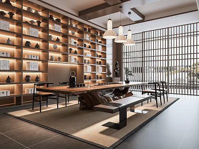 Traditional Tea Room Interior With Bookshelves Tea Sets Pendant Lights And Wooden Table 3d model