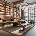 Traditional Tea Room Interior With Bookshelves Tea Sets Pendant Lights And Wooden Table