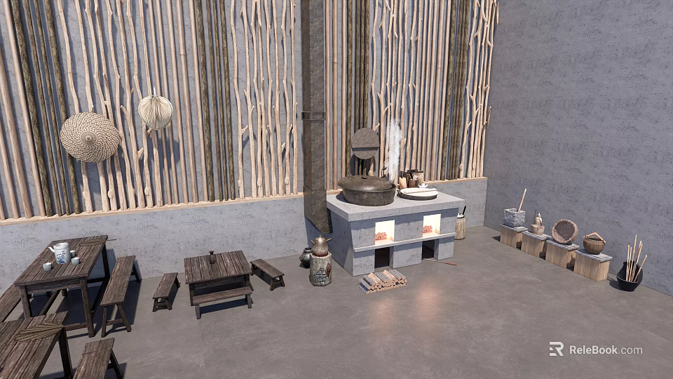 Rustic Kitchen Interior Design With Natural Wooden Cabinets And Stone Countertop 3d model 