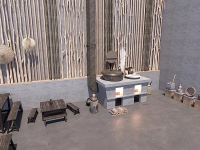 Rustic Kitchen Interior Design With Natural Wooden Cabinets And Stone Countertop 3d model
