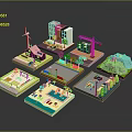 Colorful 3D City Landscape with Buildings Wind Turbine Crane Trees and Small Hills