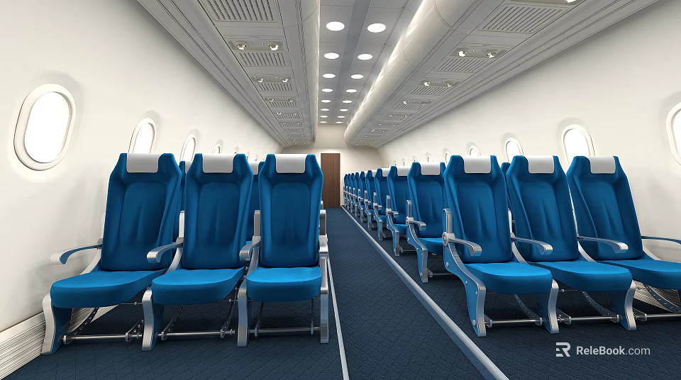 Airplane Cabin Interior With Blue Passenger Seats Neatly Arranged In Rows 3d model 