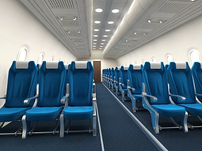 Airplane Cabin Interior With Blue Passenger Seats Neatly Arranged In Rows 3d model