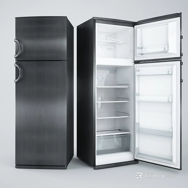 Modern Black Stainless Steel Refrigerator and Freezer with Open Door Interior Shelves and Drawers 3d model 
