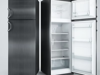 Modern Black Stainless Steel Refrigerator and Freezer with Open Door Interior Shelves and Drawers 3d model