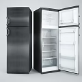 Modern Black Stainless Steel Refrigerator and Freezer with Open Door Interior Shelves and Drawers