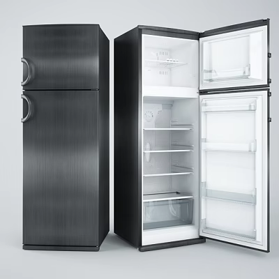 Modern Black Stainless Steel Refrigerator and Freezer with Open Door Interior Shelves and Drawers 3d model