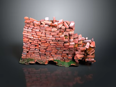 Partially Collapsed Red Brick Wall With Green Moss At Bottom On Gray Background 3d model