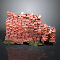 Partially Collapsed Red Brick Wall With Green Moss At Bottom On Gray Background