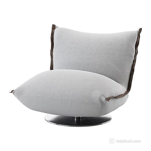 Gray Striped Single Sofa With Brown Trim And Round Metal Base 3d model