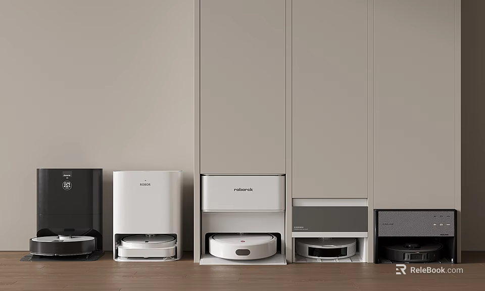 Smart Cleaning Machines Arranged in Modern Home Interior With Cabinets and Wooden Floor 3d model 