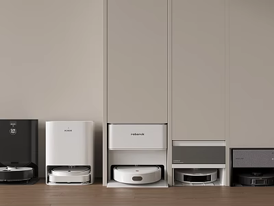 Smart Cleaning Machines Arranged in Modern Home Interior With Cabinets and Wooden Floor 3d model