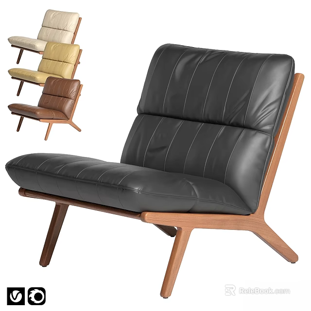 Modern Black Leather Leisure Chair With Wooden Legs Stitched Details And Various Colors 3d model 