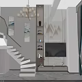 Elegant New Chinese Style Living And Dining Room With Loft Staircase And Exquisite Decor