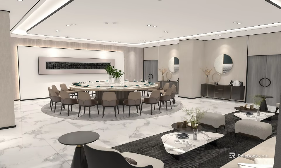 Modern Elegant Private Dining Room With Round Table Chairs Sofa And Marble Floor 3d model