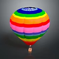 Vibrant Colorful Striped Hot Air Balloon With Decorative Top And Basket