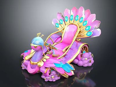 Peacock Shaped Decorative Throne With Pink Blue Purple Feathers Gemstones And Golden Details 3d model