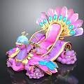 Peacock Shaped Decorative Throne With Pink Blue Purple Feathers Gemstones And Golden Details