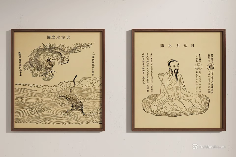 Traditional Chinese Paintings With Dragon Figure Calligraphy And Framed Wall 3d model 