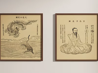 Traditional Chinese Paintings With Dragon Figure Calligraphy And Framed Wall 3d model