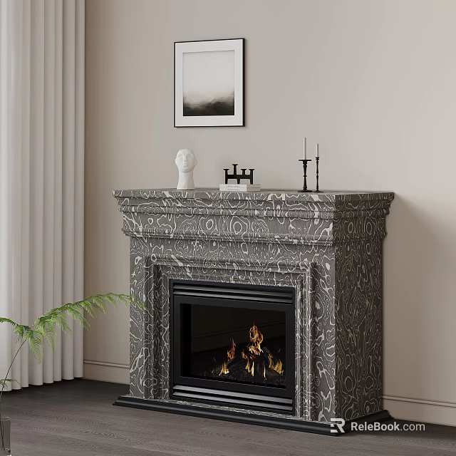 Marble Fireplace Mantel With Intricate Patterns Decorated White Statue Candlesticks Framed Painting Curtains And Flames Inside 3d model 