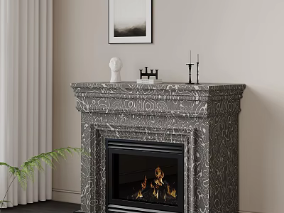 Marble Fireplace Mantel With Intricate Patterns Decorated White Statue Candlesticks Framed Painting Curtains And Flames Inside 3d model