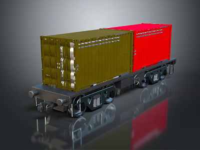 Freight Train Car With Green And Red Containers For Cargo Transport 3d model