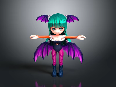 3D Fantasy Character With Green Hair And Purple Bat Wings In Black Outfit 3d model