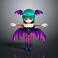 3D Fantasy Character With Green Hair And Purple Bat Wings In Black Outfit