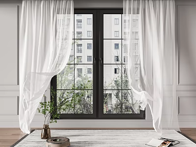White Sheer Curtains Hanging On Double Window With Indoor Green Plants And Decor 3d model