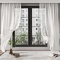 White Sheer Curtains Hanging On Double Window With Indoor Green Plants And Decor