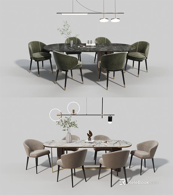 Modern Dining Table Set With Marble Tabletop Six Green Beige Chairs And Hanging Lights 3d model 