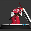 Red Robot With Long Gun And Sword Standing On White Platform With Blue Light Effects