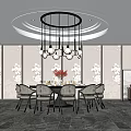 Elegant Private Dining Room With Round Table Chandelier Floral Walls Red Vase And Marble Floor