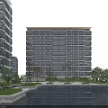 Modern High Rise Residential Building With Glass Facade Surrounding Greenery And Reflection Pool