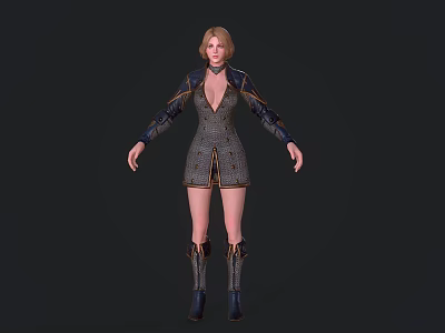 3D Render Female Character Model with Patterned Fitted Dress Long Sleeves Boots and Blonde Hair 3d model