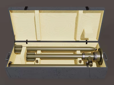Military Weapon Barrel and Components Stored in Open Wooden Case 3d model