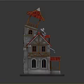 Fairy Tale Style Building Featuring Red Roof Gray Walls Tower Wooden Accents And Lit Windows