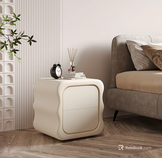 White Modern Bedside Table With Curved Edges Alarm Clock Books Scented Diffuser And Green Plant 3d model 