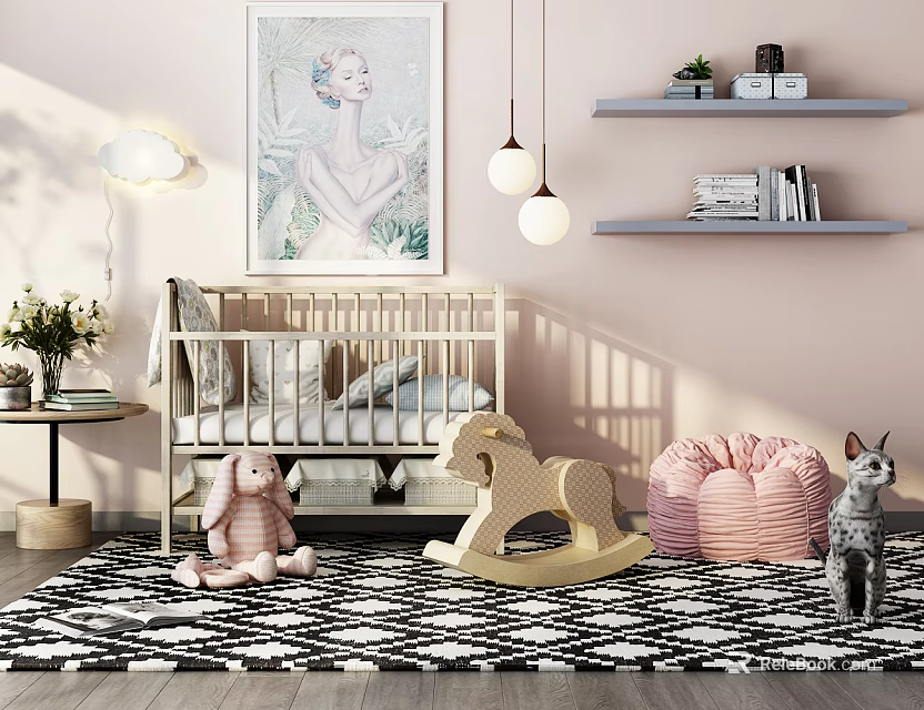 Cozy Nursery With Wooden Baby Crib Plush Rabbit Rocking Horse And Pink Bean Bag 3d model 